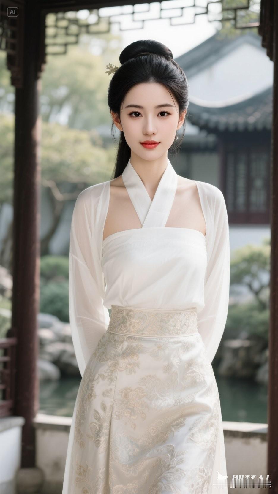 青丝绾发，白衣如雪，最是让人流连忘返。青丝染雪