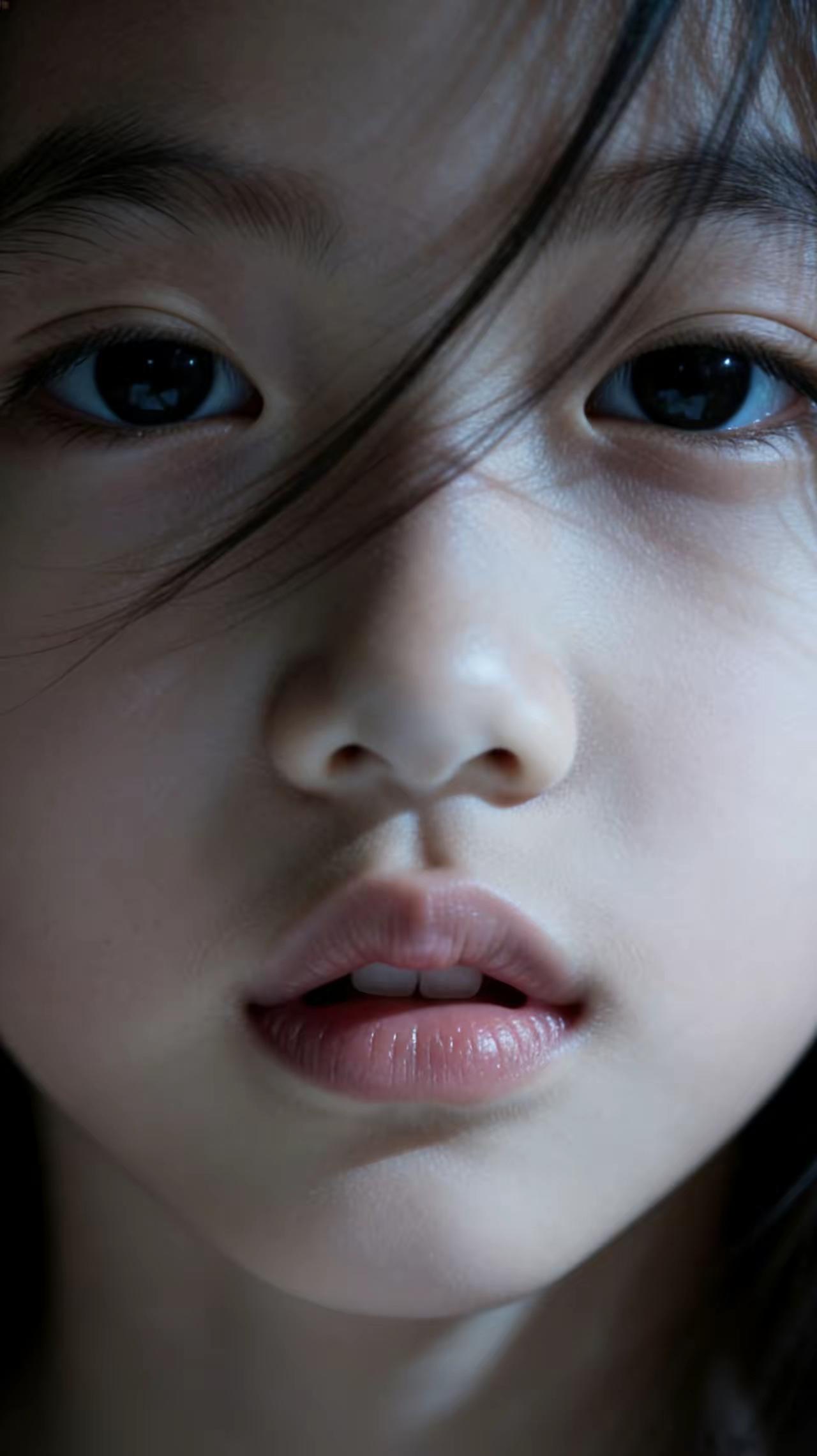 少女柔美的眼神，如晨曦般纯净，令人心动。