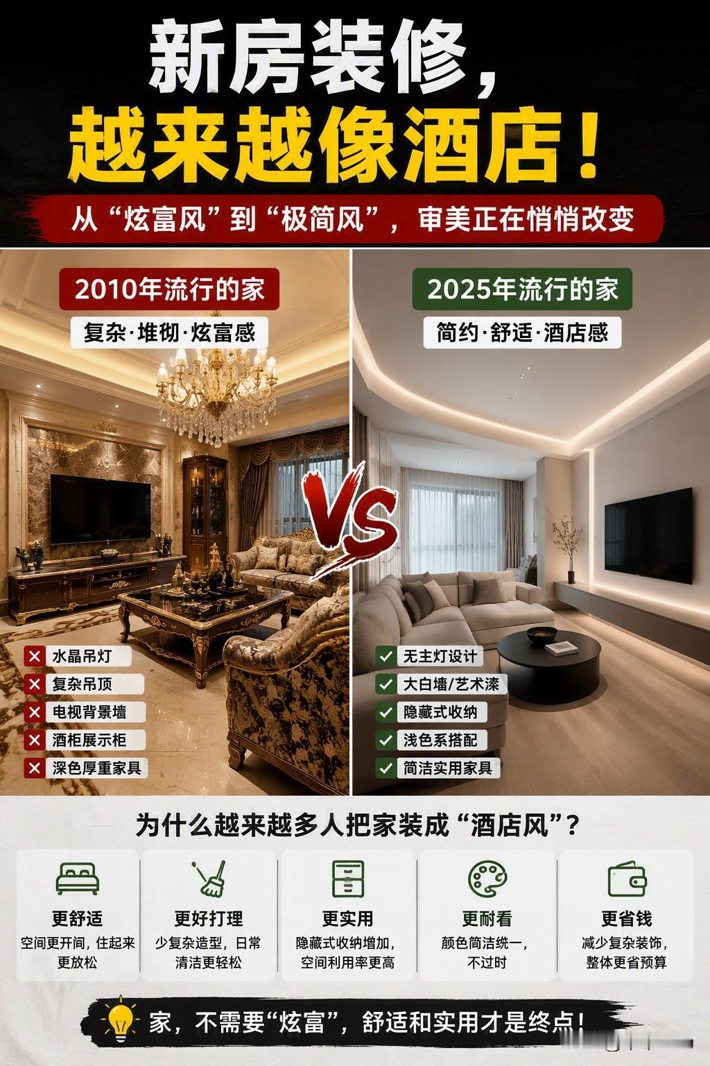 新房装修，越来越像酒店
如果把一间高档酒店客房和现在的新房装修放在一起，
很多人