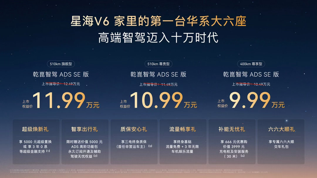 东风柳汽的星海V6乾崑智驾ADS SE版正式上市，上市权益价9.99万元-11.
