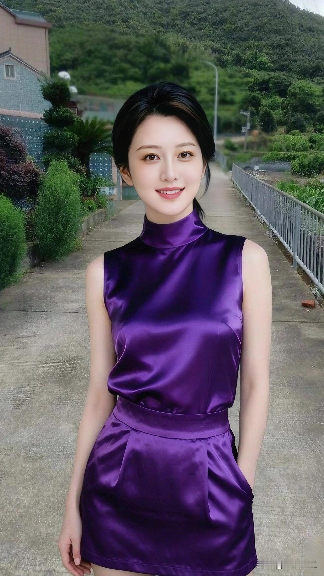 一袭高贵紫色缎面套装，自带细腻柔光质感，高领无袖设计勾勒利落线条。漫步乡间小路，