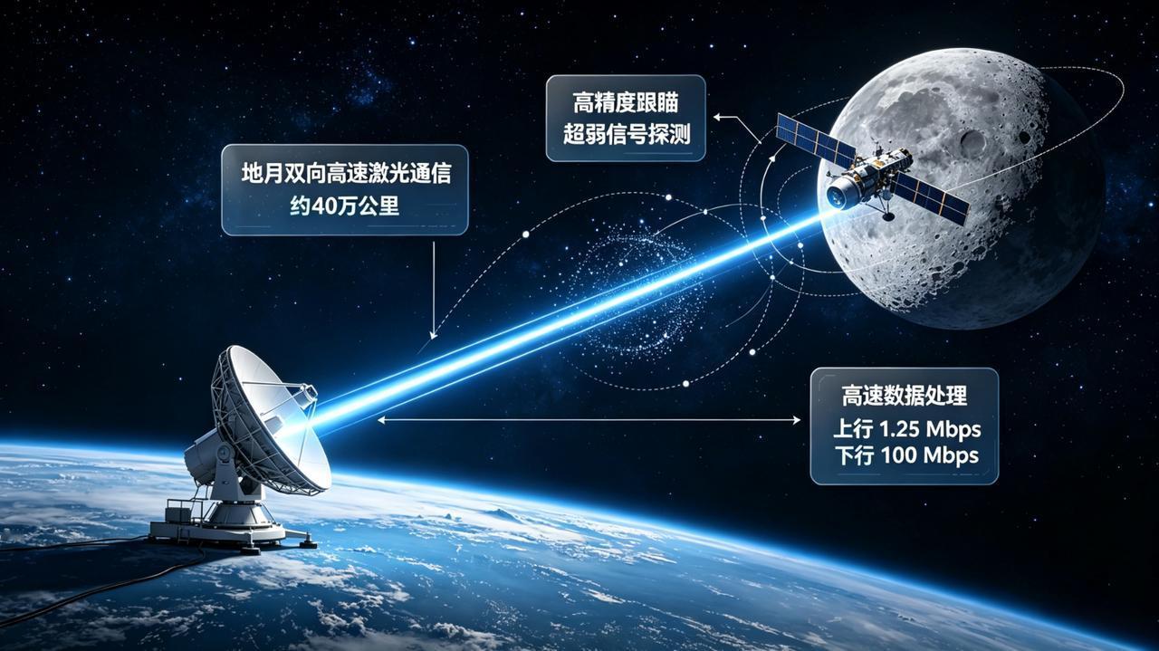 突破40万公里通信难题！我国建成地月双向高速激光链路，地月之间建起高速“光通信通