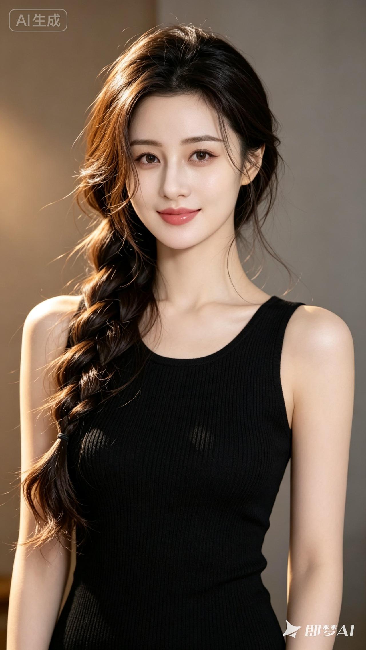 温柔甜美的少女，黑色吊带裙，自然卷的长发，微笑动人。