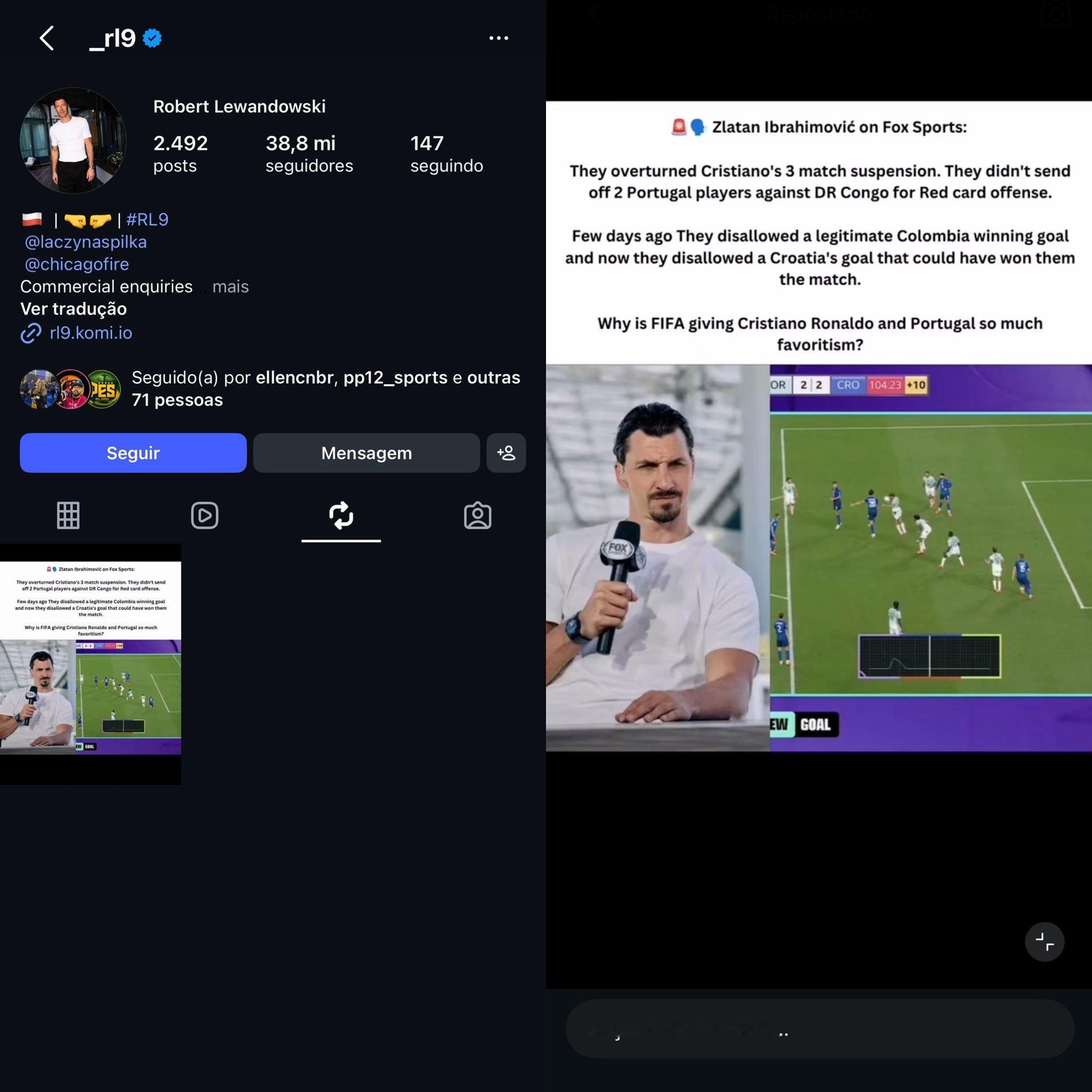 莱万质疑FIFA偏袒C罗葡萄牙 波兰球星莱万多夫斯基在个人社媒上转发一条动态，其