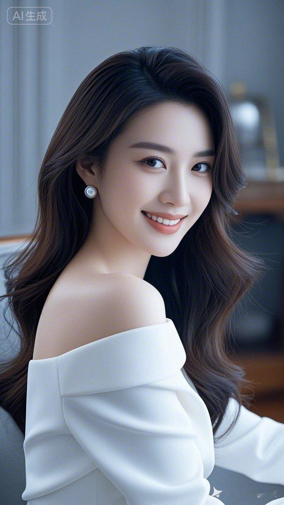 正面拍摄，美人面容清丽姣好，中长发温柔飘逸。身着白色一字肩衣衫，尽显优雅锁骨。高
