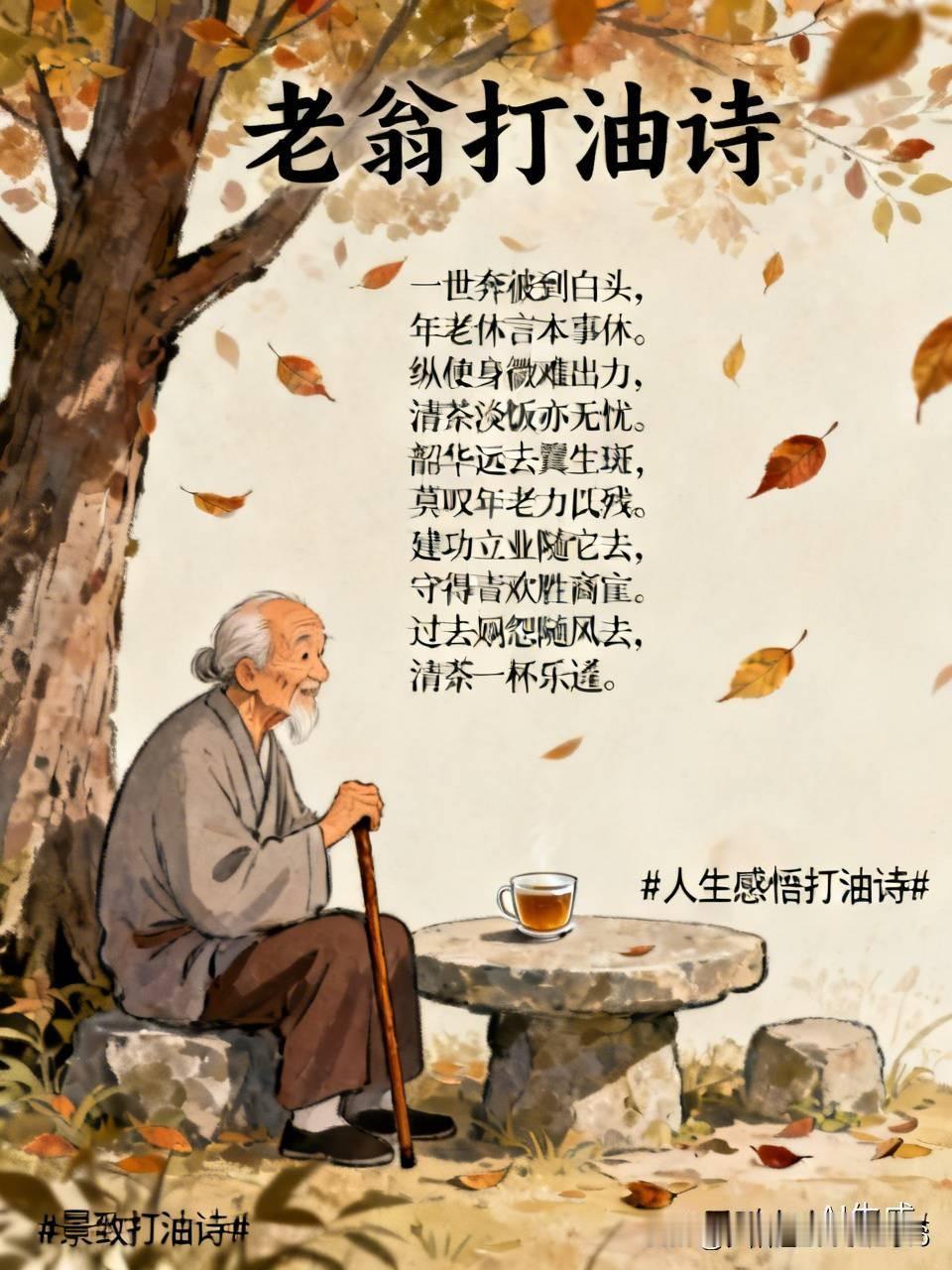 老翁打油诗
一世奔波到白头，
年老休言本事休。
纵使身微难岀力，
清茶淡饭亦无忧