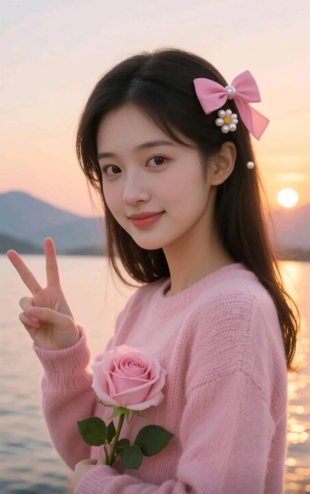 少女心满满的海边日落，粉色的蝴蝶结和玫瑰，比个V字微笑吧！🌸🌊💖