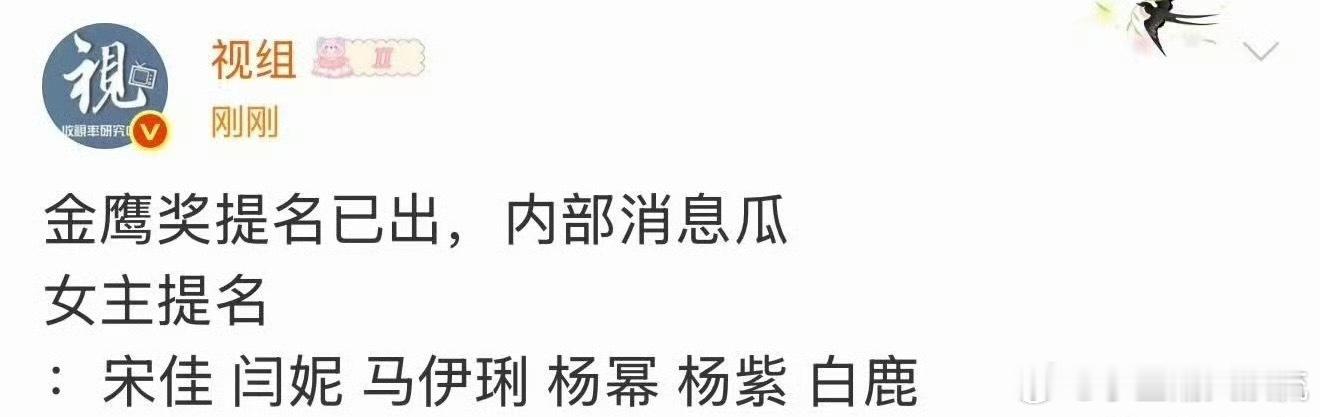 曝白鹿提名金鹰奖最佳女主今日有电视剧博主爆料称，金鹰奖最佳女主角提名人选为宋佳、