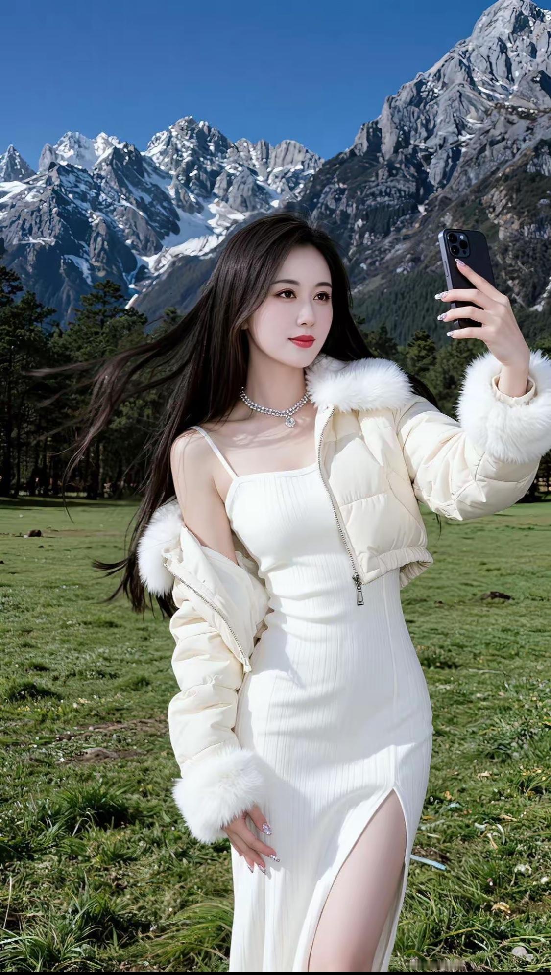 雪山下的优雅自拍，冬日里的时尚穿搭