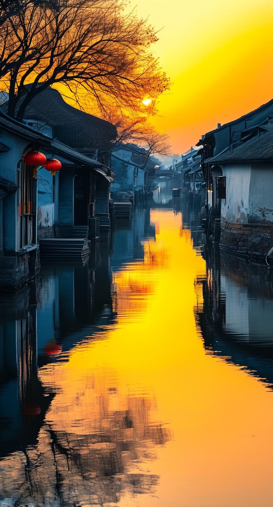 江南水乡的落日，那叫一个绝！就说常州的青果巷，微风轻拂，落日余晖倒映在运河河畔，