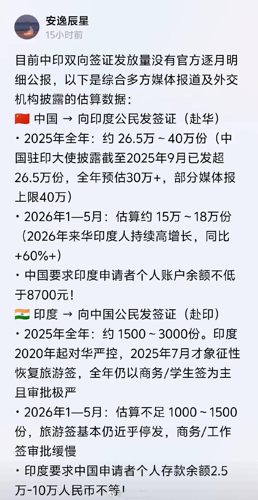 中印双向签证发放量，竟然差那么多？
 
我们敞开发了26万+签证，而印度却只给1