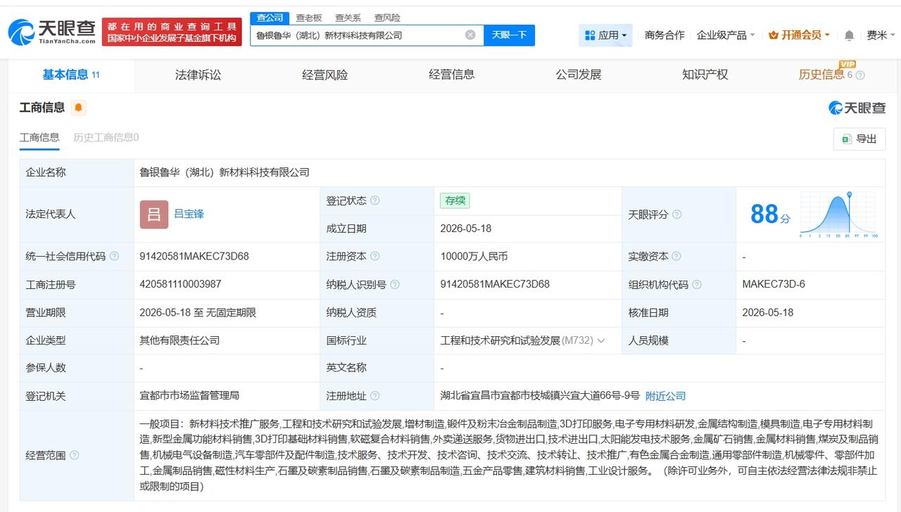 万华化学、鲁银投资在湖北成立新材料科技公司 注册资本1亿
天眼查App显示，近日