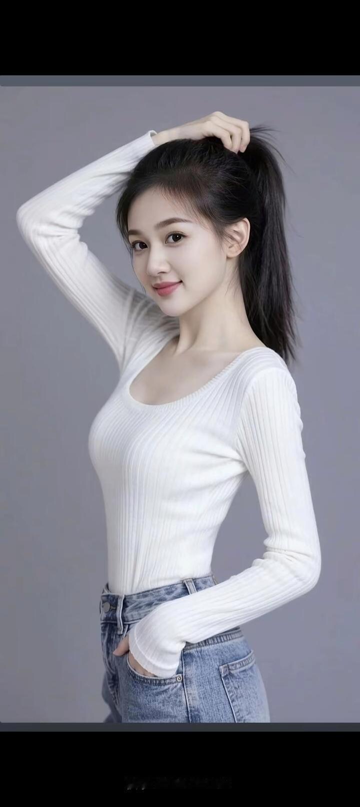 一个女孩扎着高马尾，穿着白色毛衣和牛仔裤马尾时尚风 🍎🌹🌴