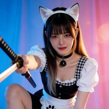 猫耳女仆手持武士刀，眼神温柔，裙摆轻扬。
黑白格纹的裙摆下，是细高跟踩在寂静地板