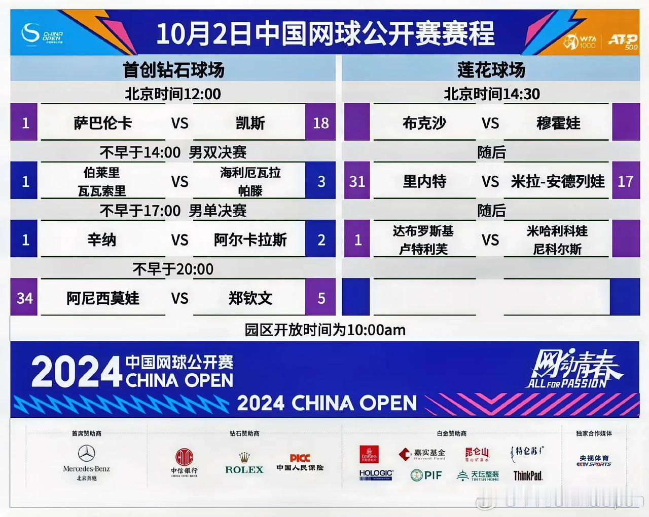 #2024中网# 10月2号赛程
男单方面，头号种子辛纳与二号种子阿尔卡拉斯在决