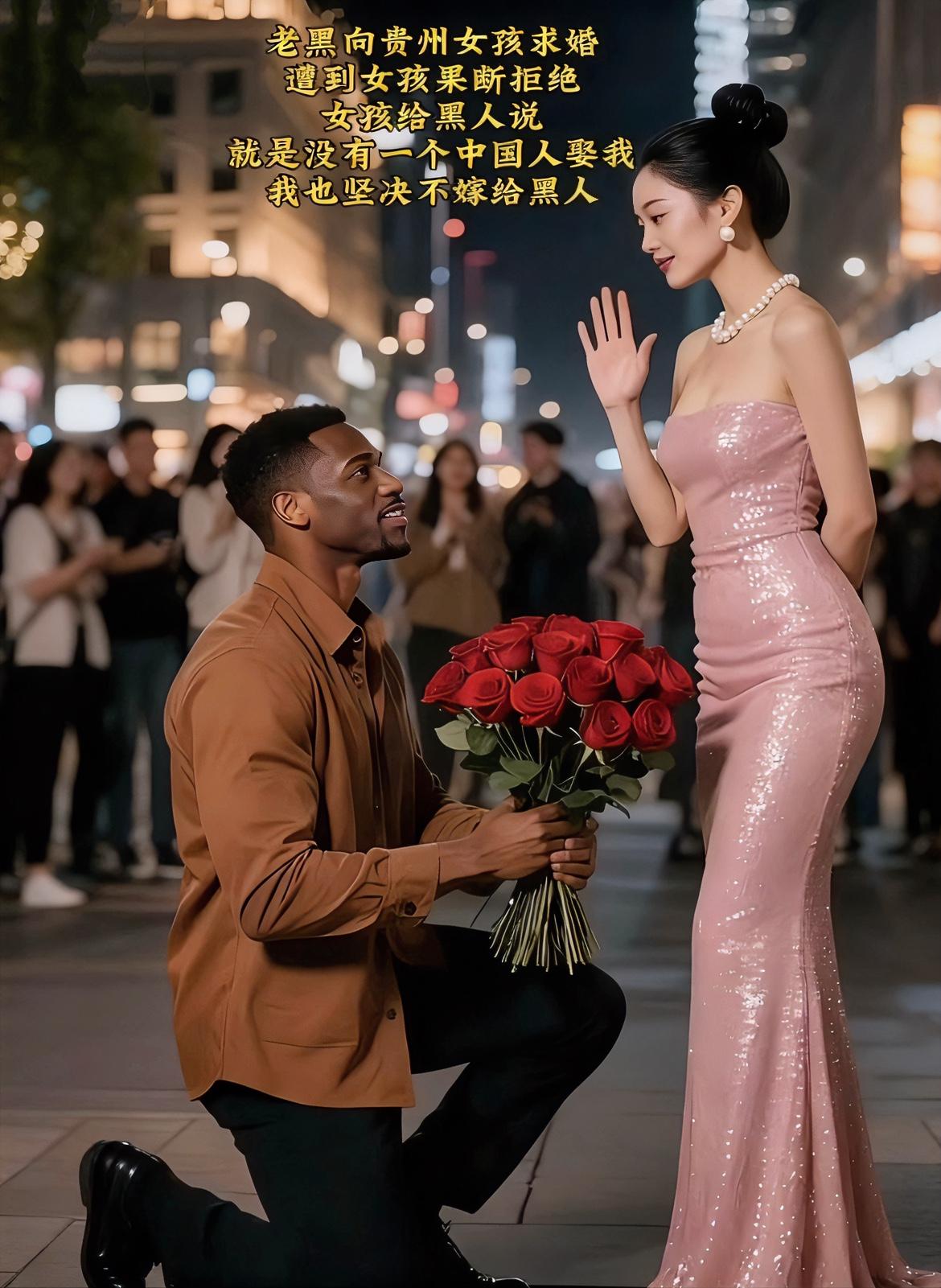 “你别跪了，没用的！”
这话一出口，围观的人都炸了锅。
非洲小伙单膝跪地，手捧玫