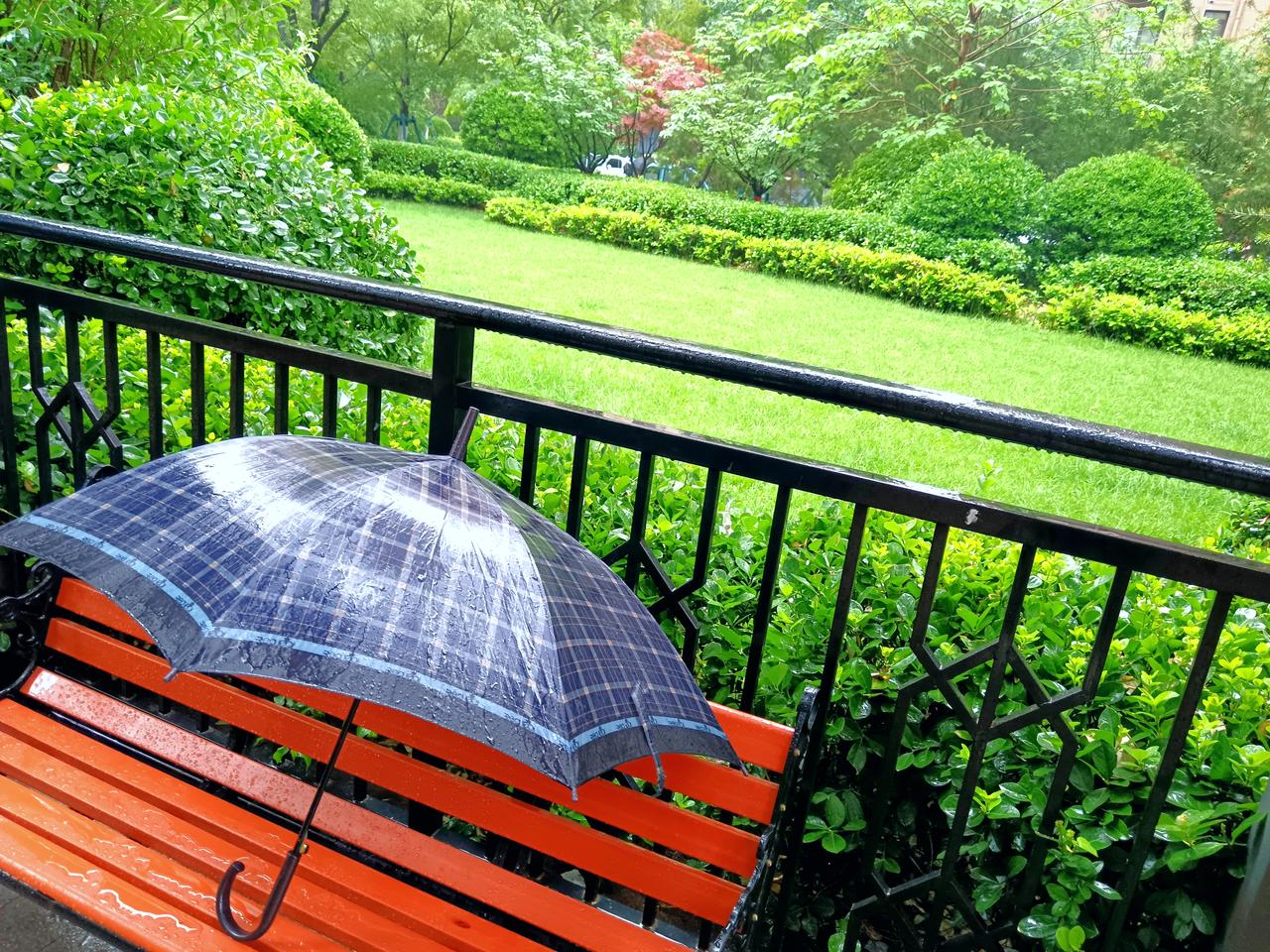 细雨飘飘亭边绕，清晨锻炼身体好。
清风细雨烦事少，自在生活乐陶陶。