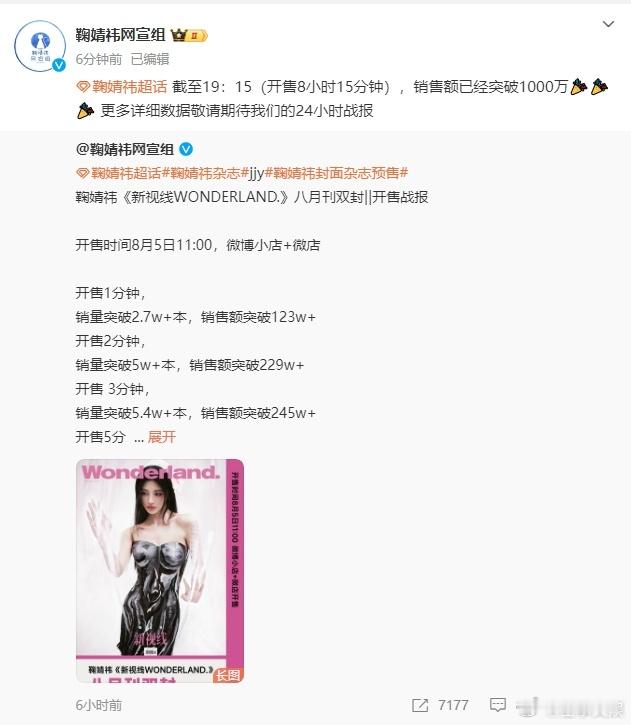 #鞠婧祎新杂志销售额突破1000万##鞠婧祎Wonderlan杂志销售额破千万#