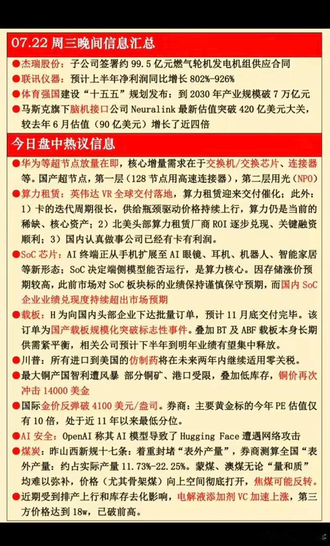 7.22周三  晚间：财经热点信息汇总！1.脑机接口2.华为超节点3.算力租赁4