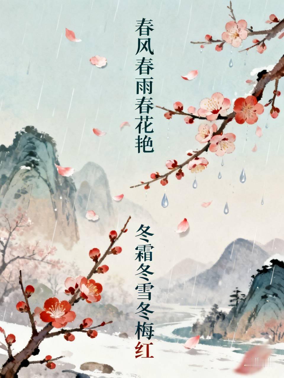 上联：春风春雨春花艳，
下联：冬霜冬雪冬梅红。