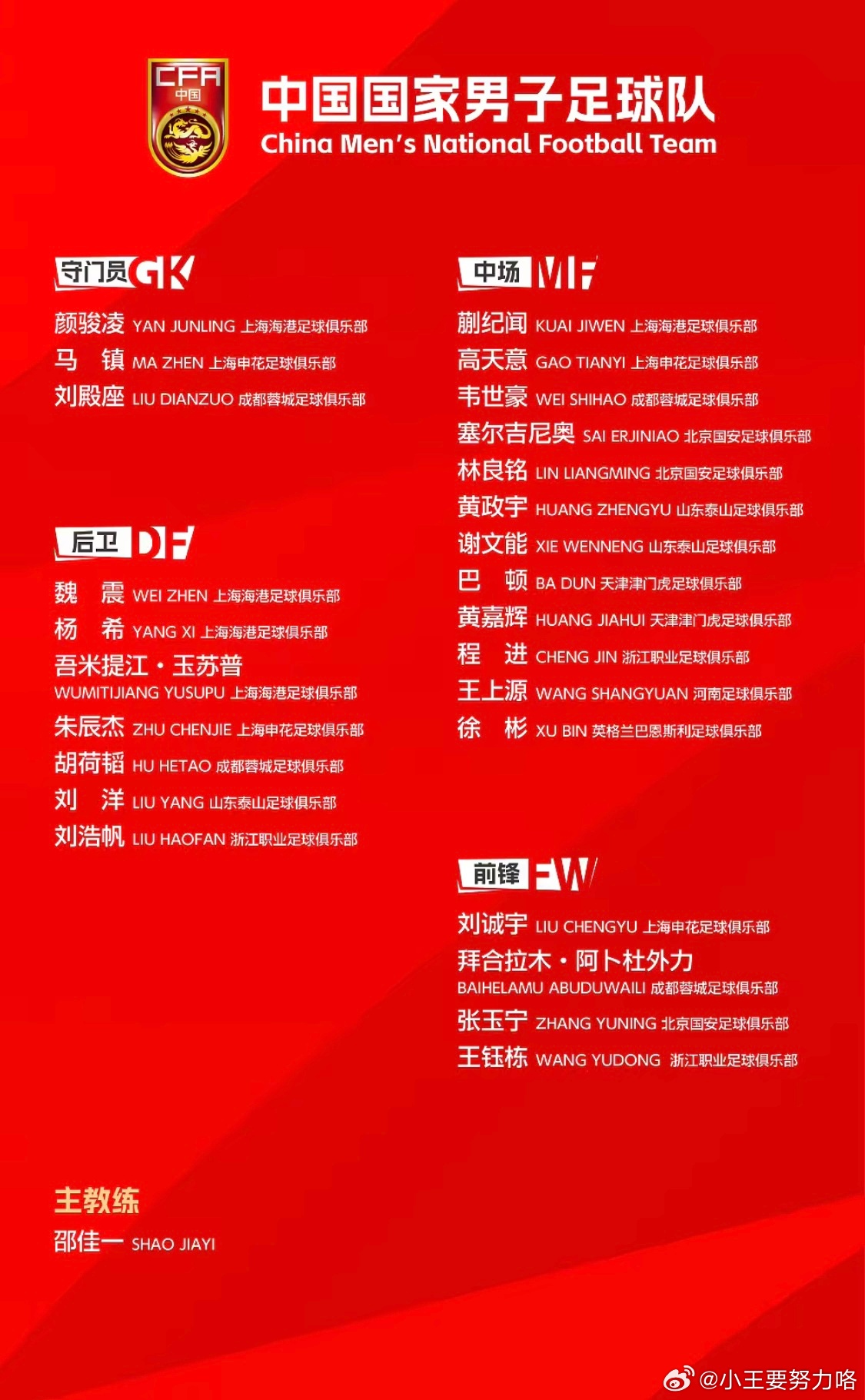 国足最新大名单平均年龄26.5岁9名U23球员，李昊无缘国足官方今日公布最新一期