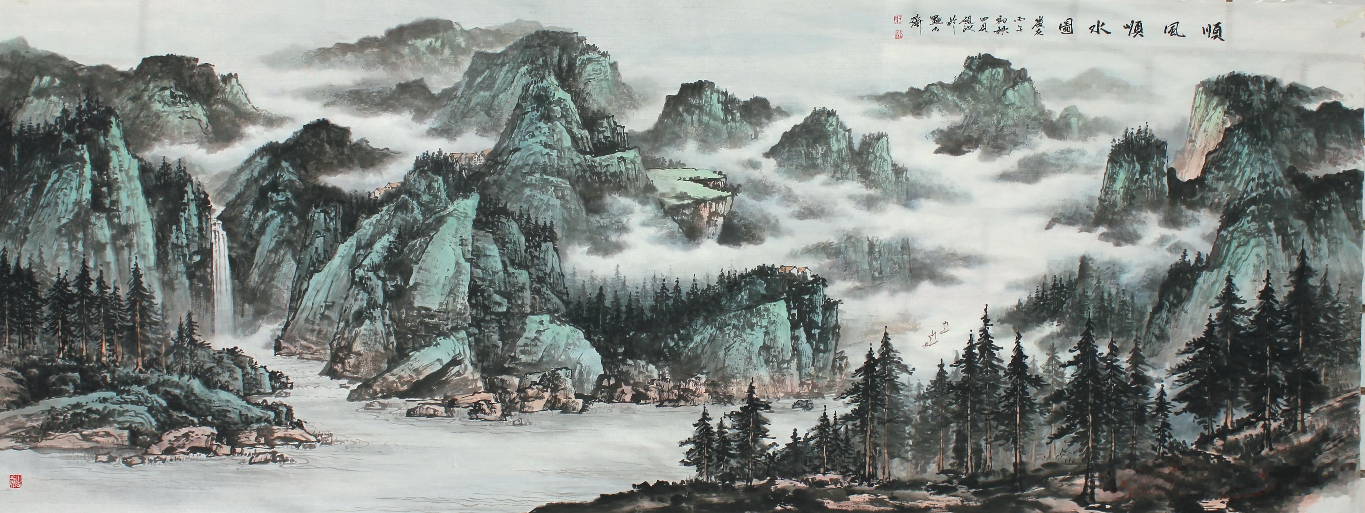 新作【顺风顺水图】180cmX70cm山水画新浪微博千问书画界书画新浪潮书画界艺