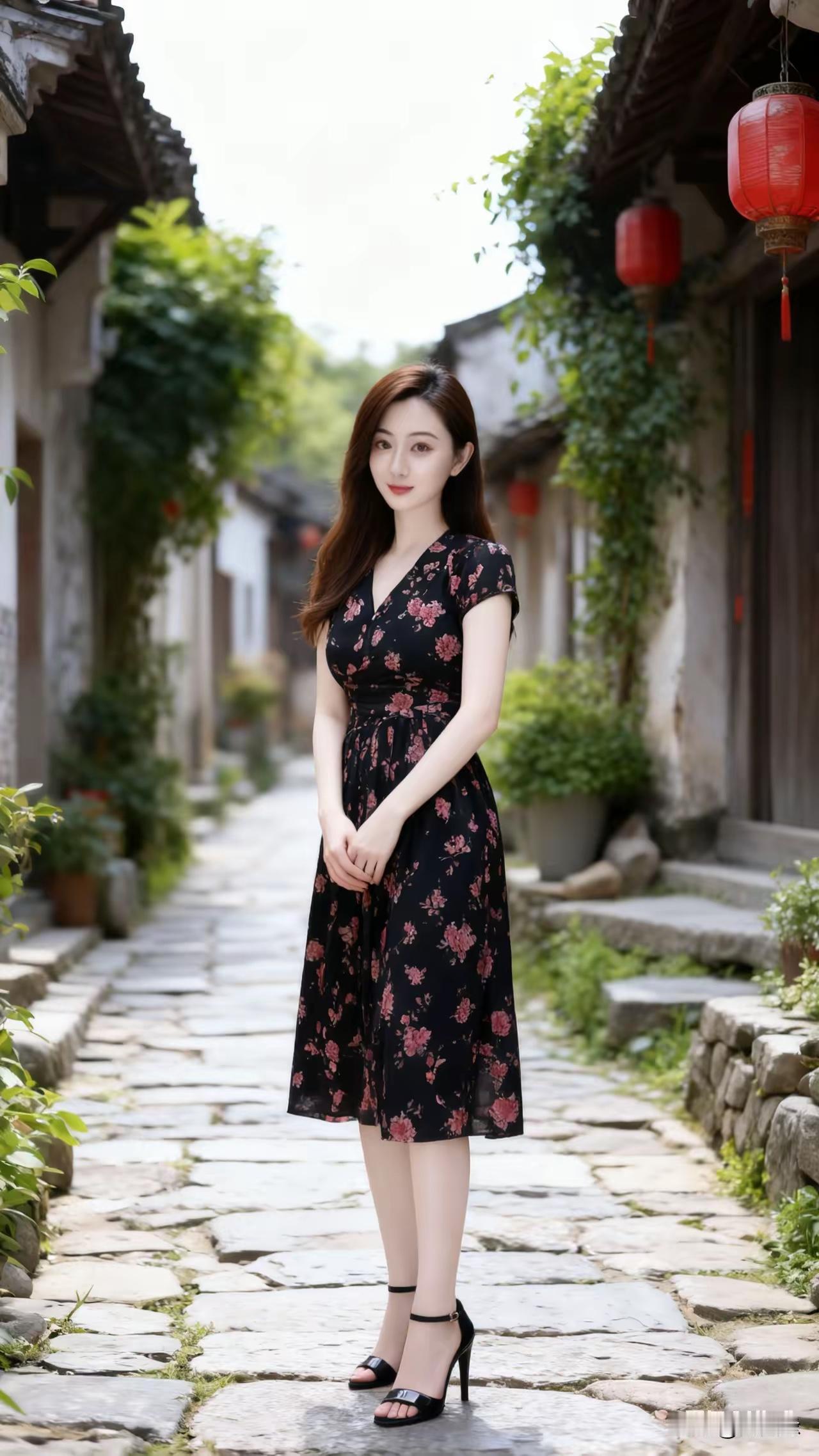 古风小院里，花裙少女静立，红灯笼映衬，唯美如画。