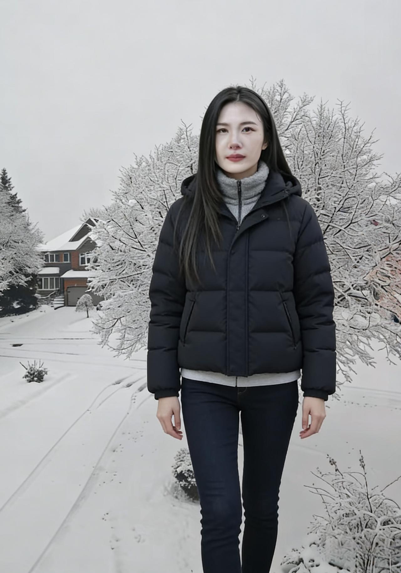 玄裳凝雪色，高领衬霜颜。
松枝堆银玉，寒林覆玉山。
风轻梳鬓缕，雪细点眉弯。
独