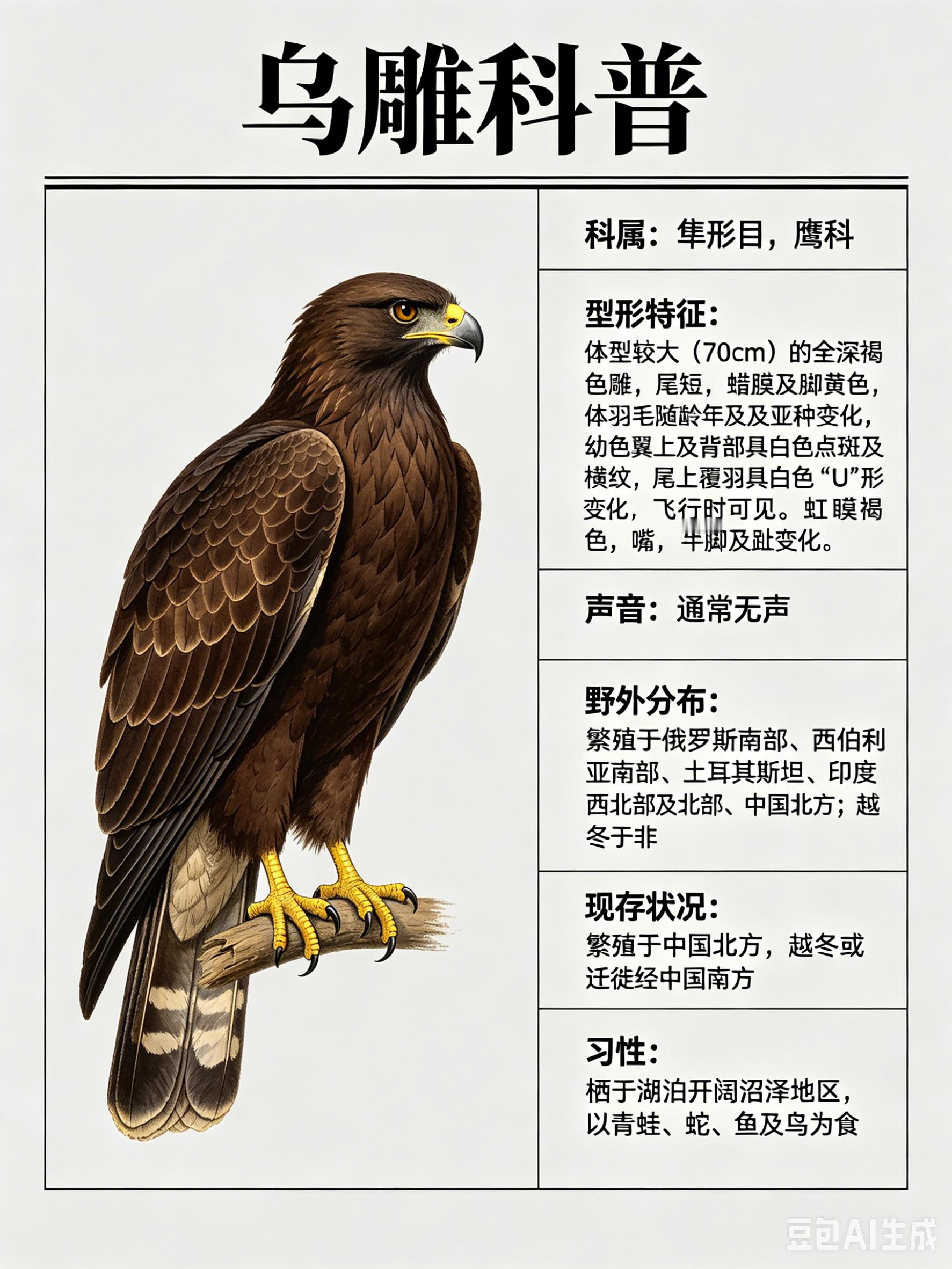 鸟类朋友图鉴 乌雕·科属：隼形目，鹰科。·外形特征：体型较大（70cm）的全深褐