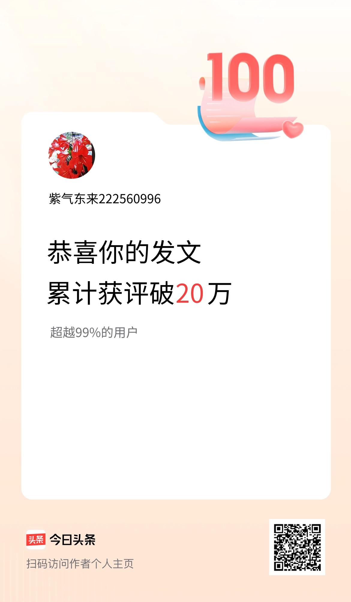 我在头条累计获评论量破20万啦！
