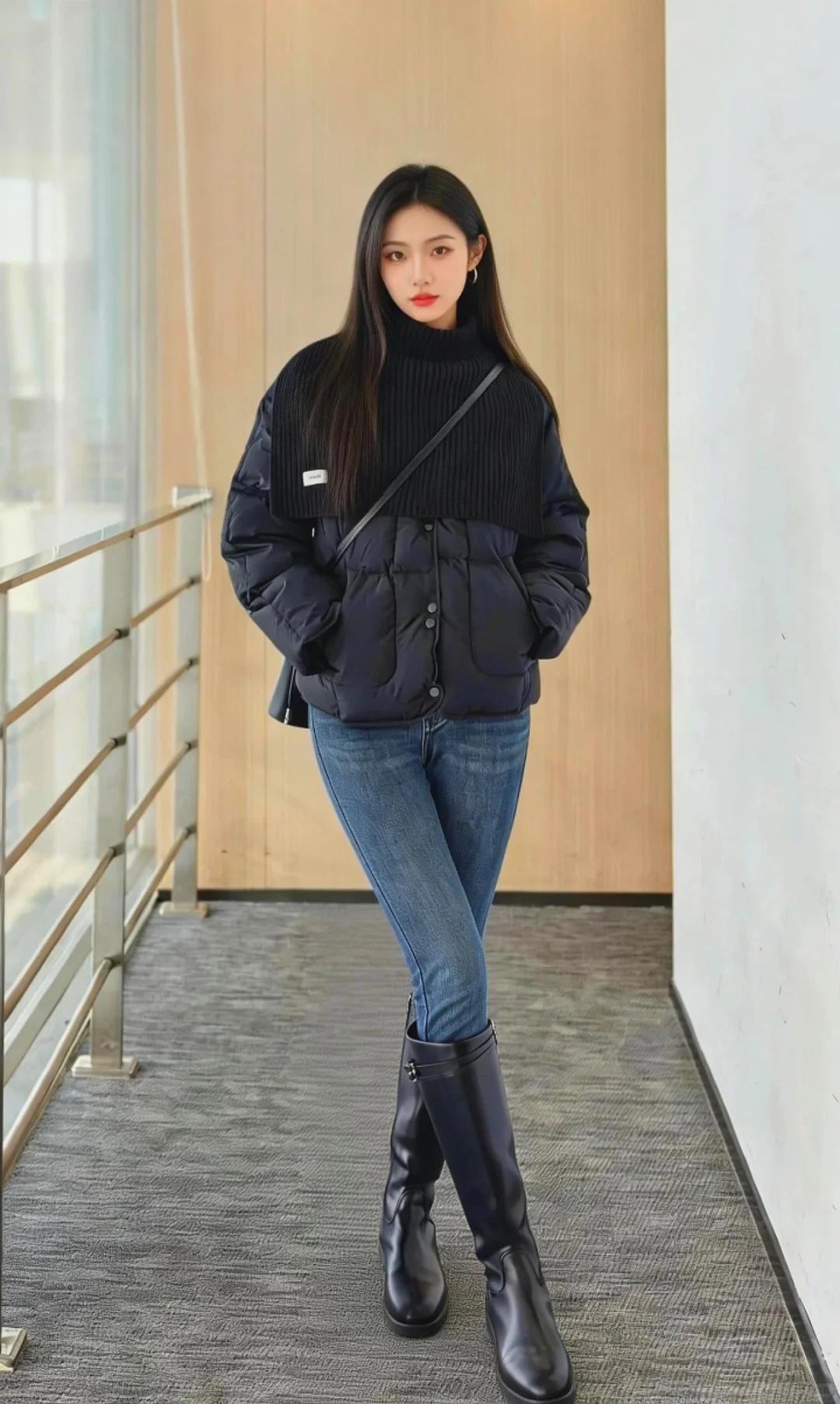 时尚穿搭,今天出门穿什么?长靴+牛仔裤+面包服