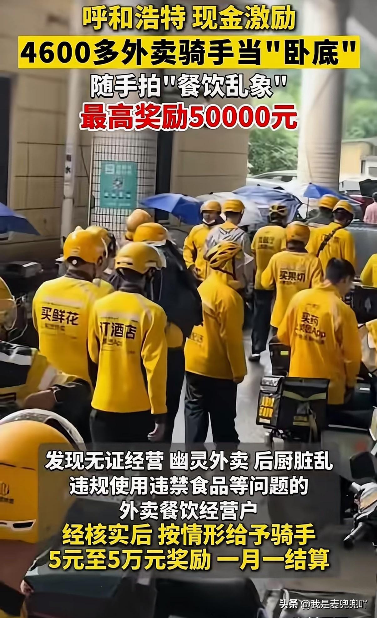 这招高👍聘用外卖骑手当卧底
只要发现后厨差乱差拍照举报外卖骑手最高可拿5万元奖