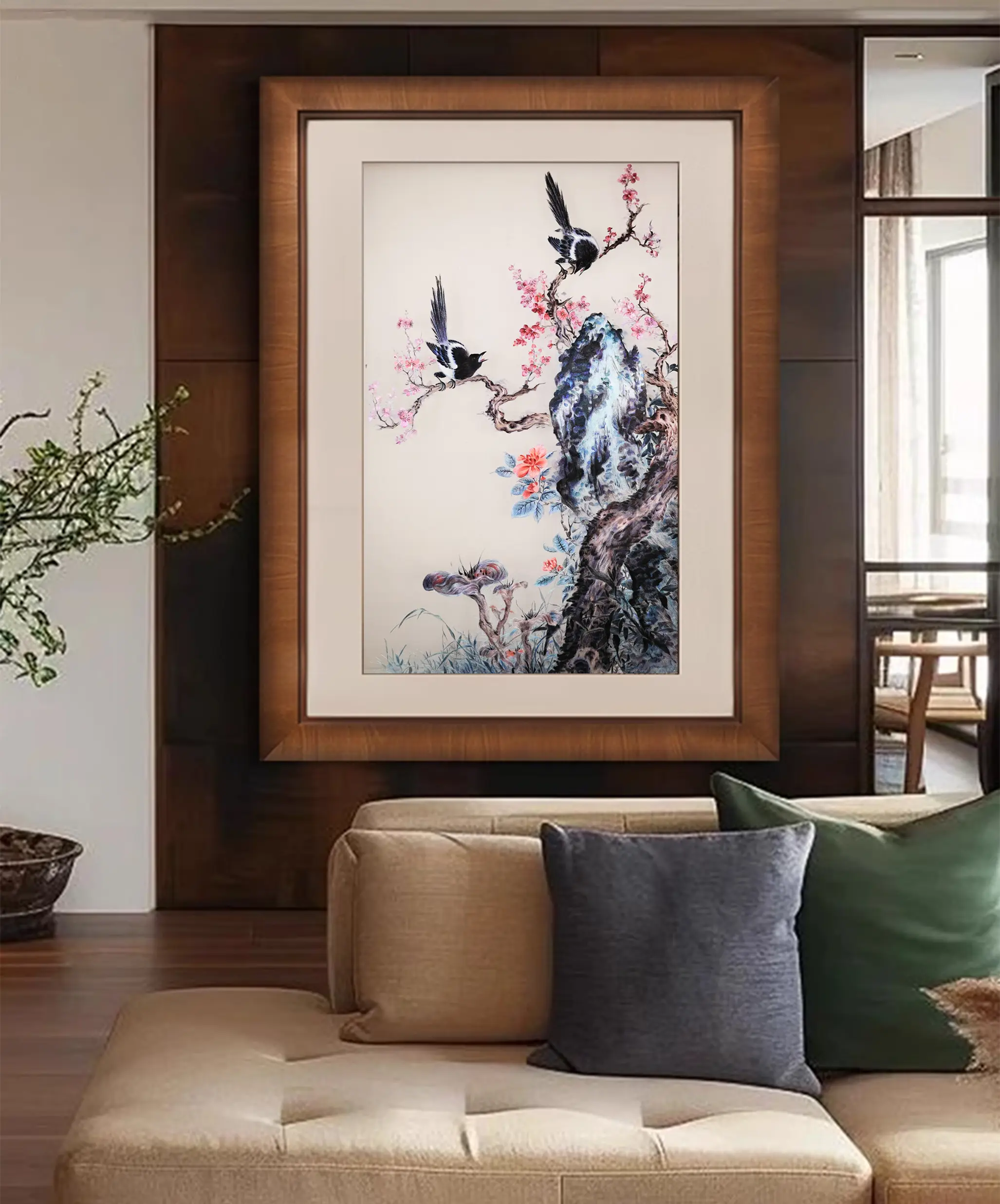 苏绣精品客厅挂画《喜上眉梢》，采用1~2丝的桑蚕丝线绣制，画中喜鹊灵动...