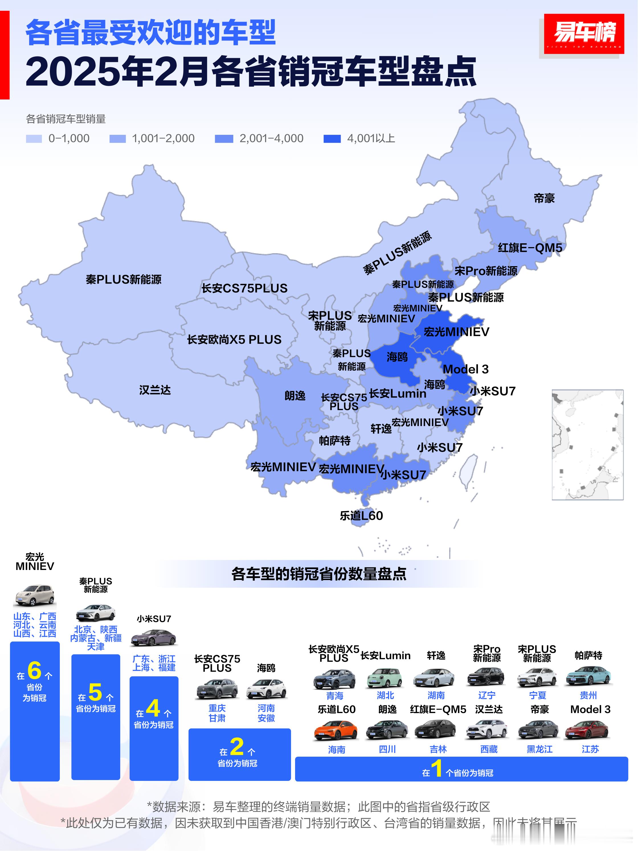 各省最受欢迎的车型都是谁？ 2025年2月各省销冠车型盘点！宏光MINIEV拿下