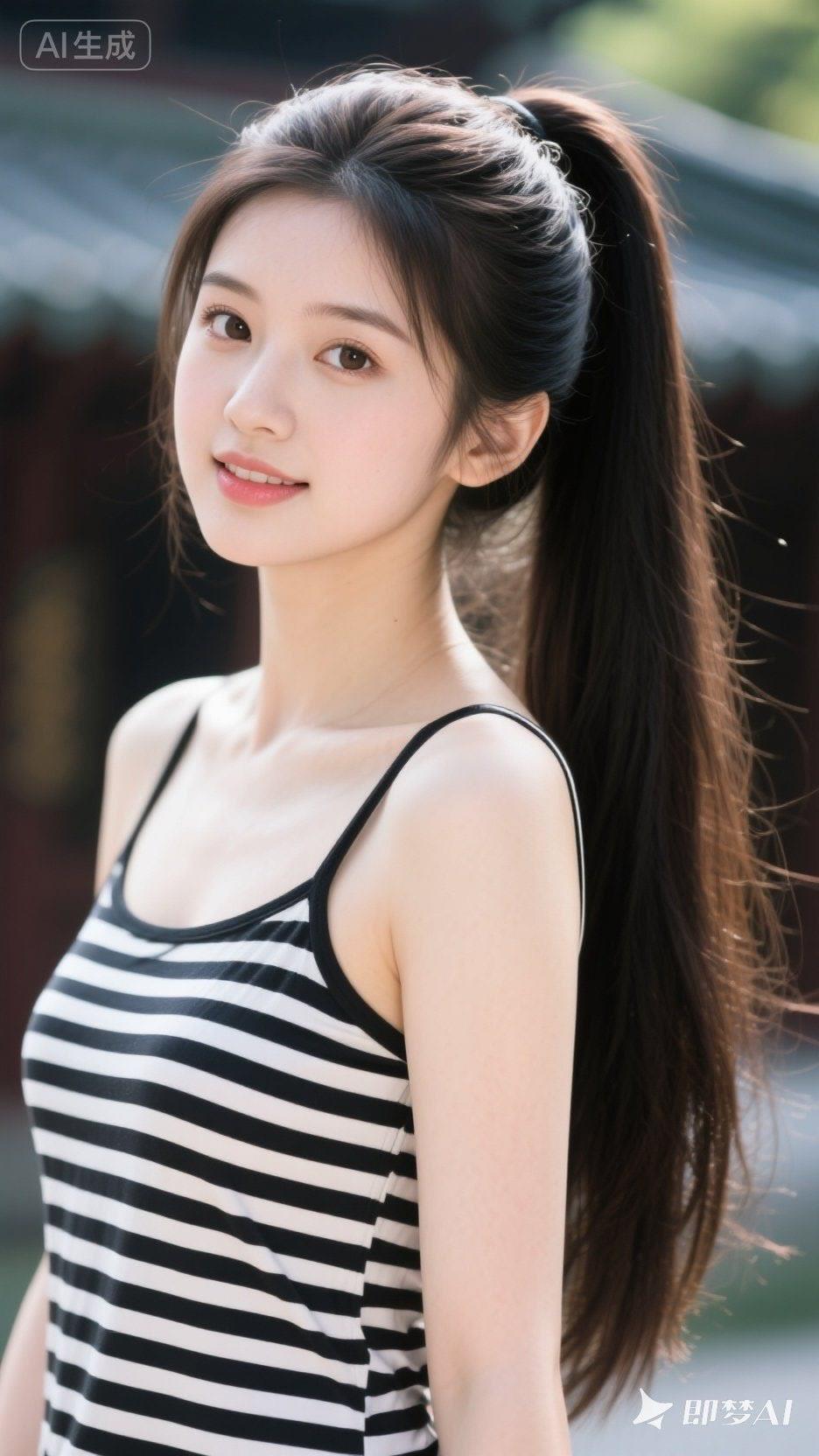 夏日清新少女，黑白条纹背心，甜美笑容，阳光下的美好时光。