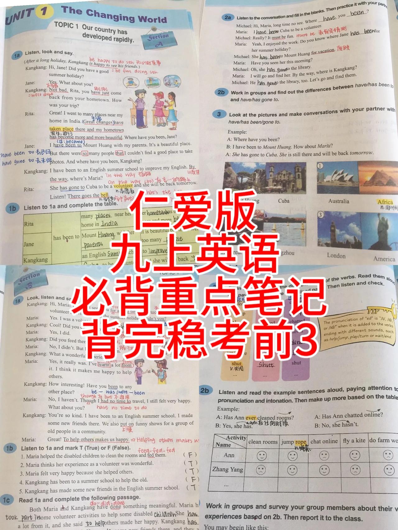 仁爱版九年级上学期英语，根据考试大纲编写的各单元必出重点，老师全部手写出来了，学