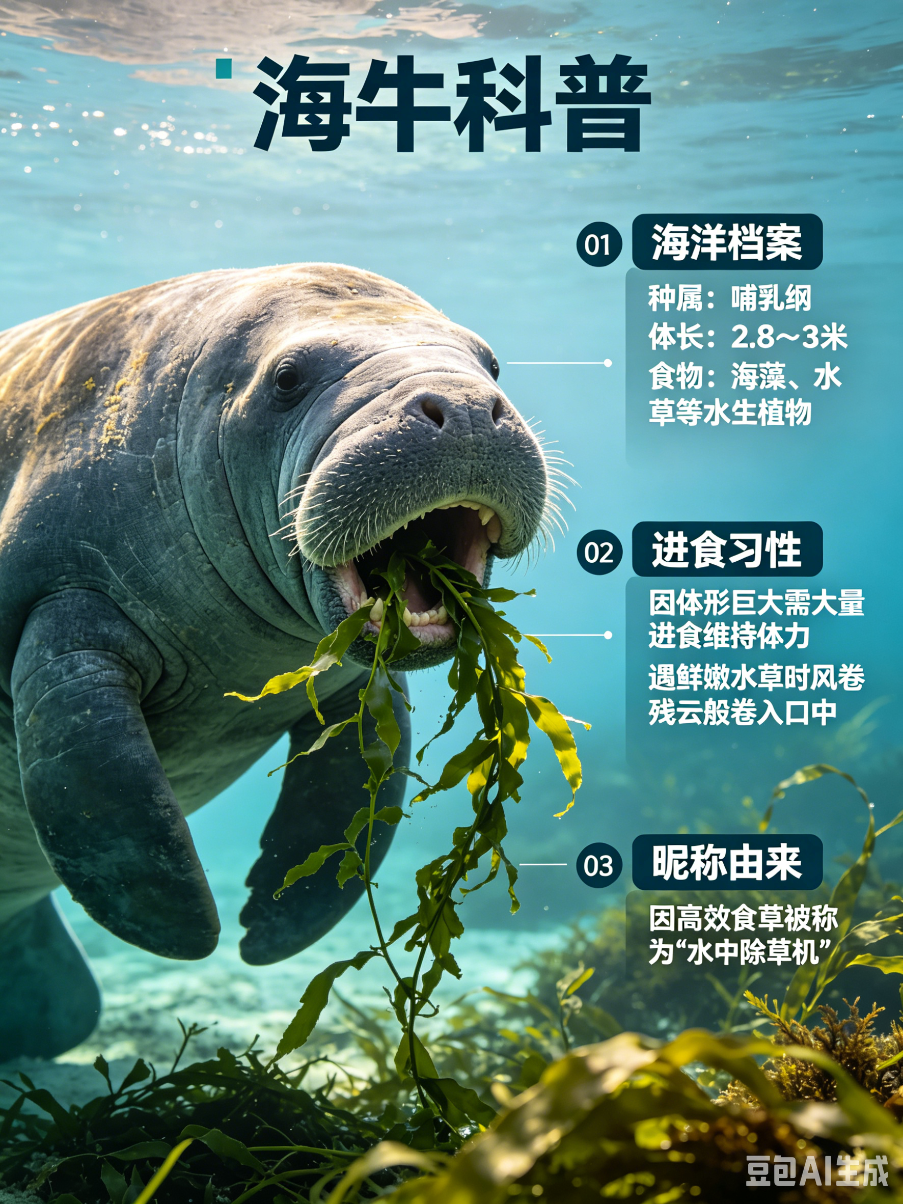 海洋朋友圈 海牛海洋档案种　属：哺乳纲体　长：2.8～3米食　物：海藻、水草等水