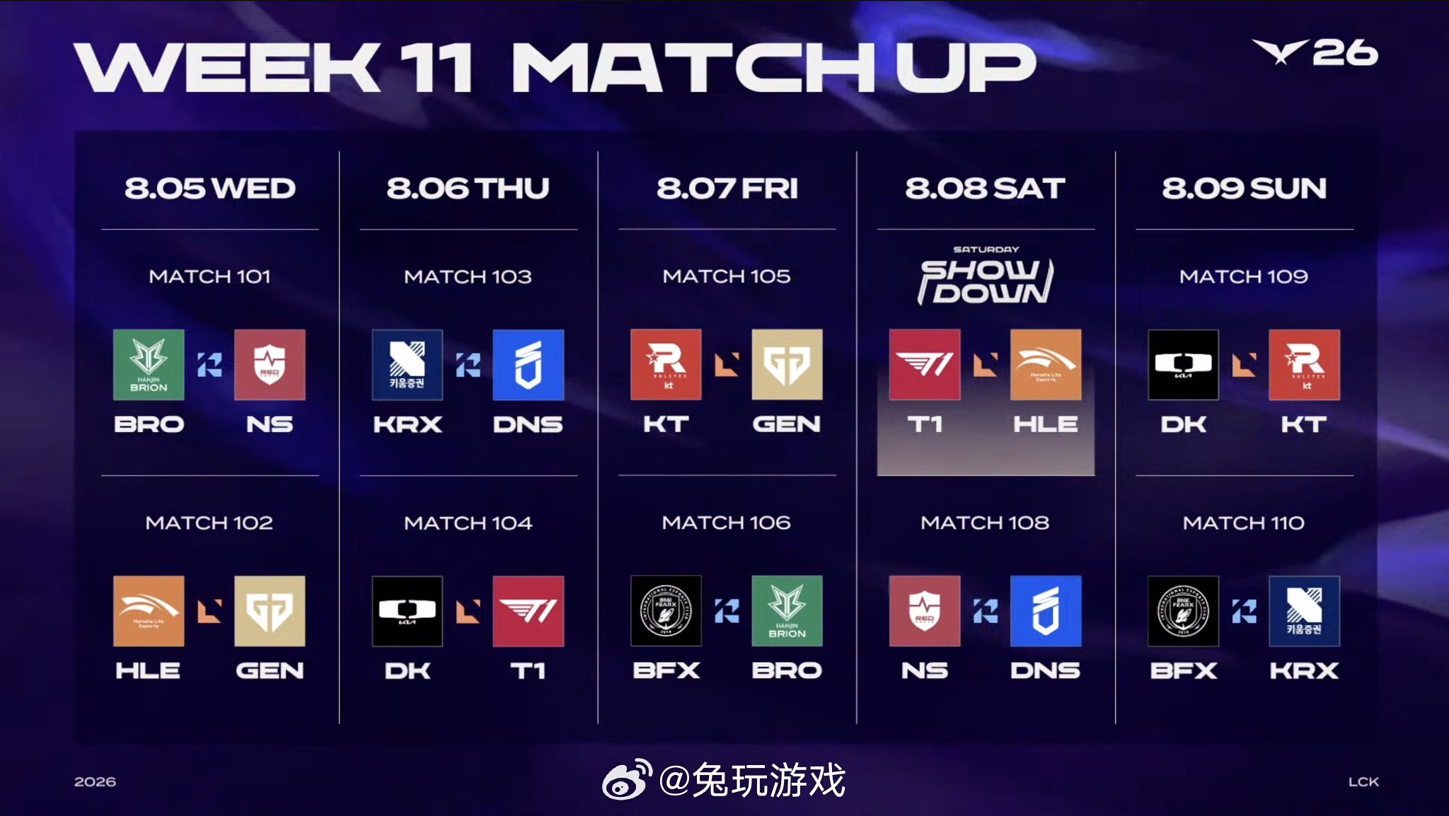 LCK 11周赛程👇2026lck英雄联盟
