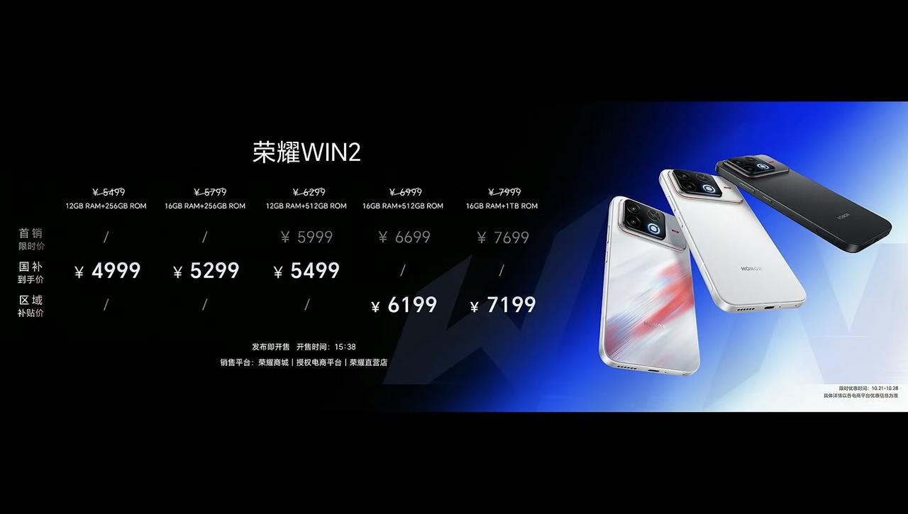 【荣耀新品价格公布】
荣耀WIN2：12 + 256GB版国补完4999元起
荣