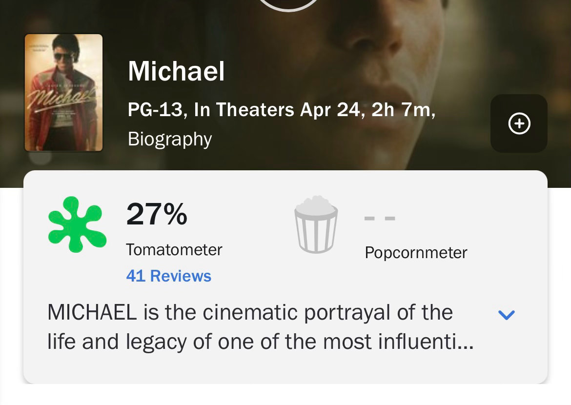 《迈克尔·杰克逊：巨星之路》烂番茄已经开分，暂时41个媒体评价，27%新鲜度。m