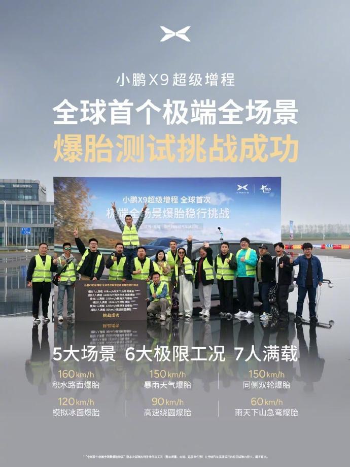 小鹏X9超级增程在盐城和惠州南昆山做的极限测试——「极端全场景爆胎测试」！场面堪