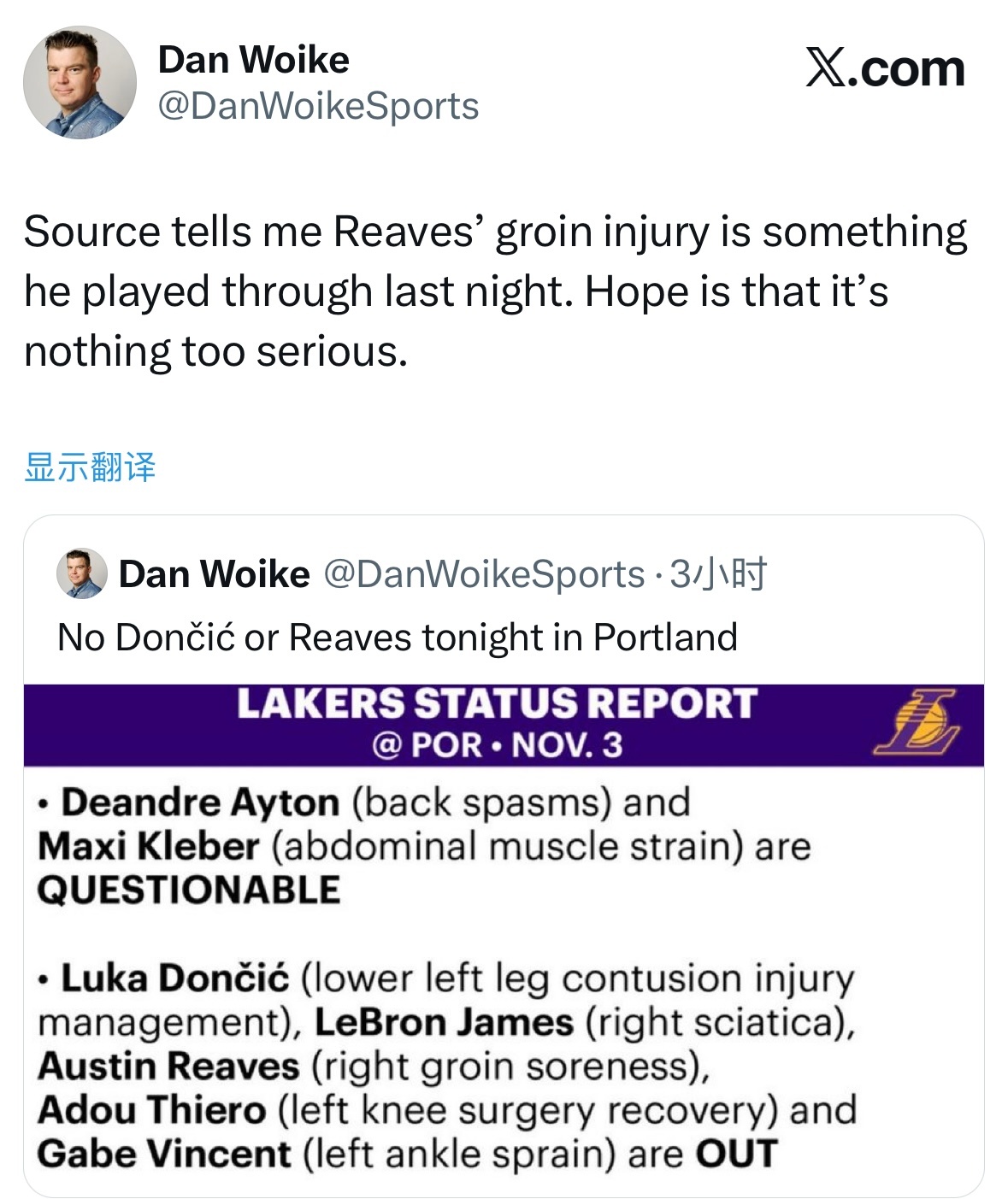 湖人记者Dan Woike：消息人士透露，里夫斯昨晚带着腹股沟伤势出战了与热火的