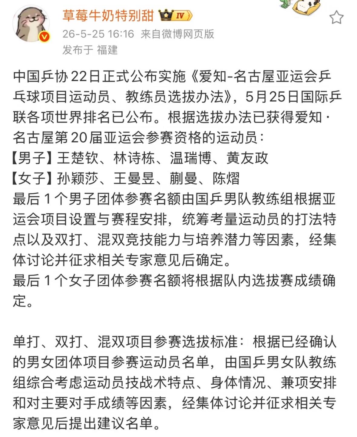 2026名古屋亚运会中国队参赛选手男女各四人资格已经确定，
根据选拔条件，
国乒