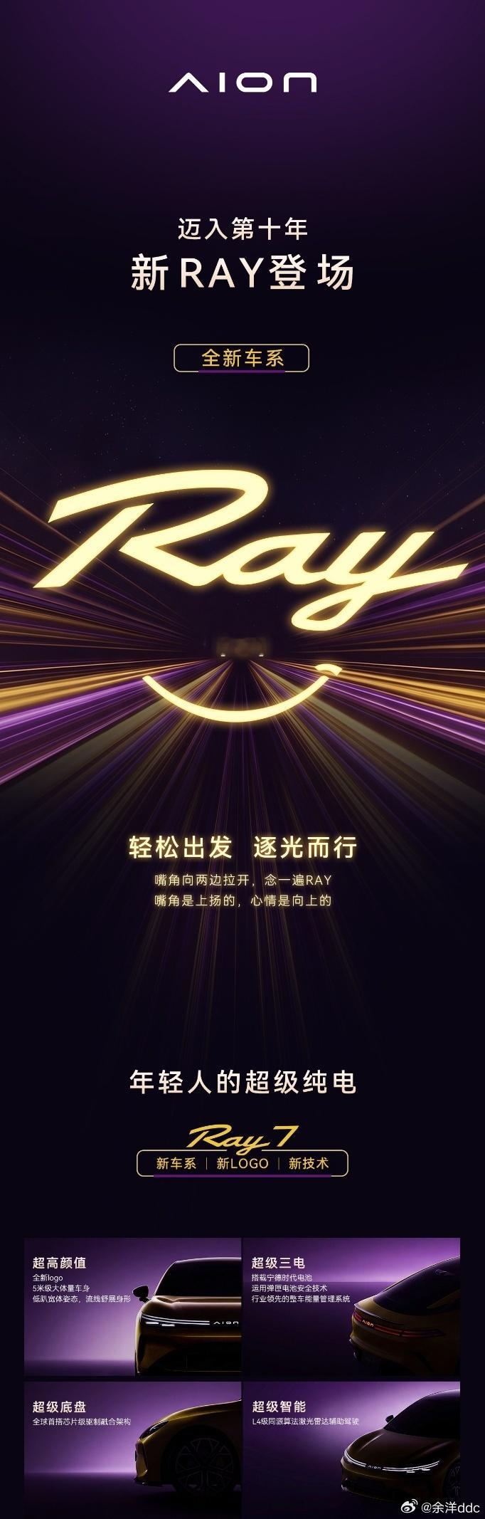 埃安十周年发布了全新车系Ray，焕新logo，首款车叫Ray 7，年轻化的中大型