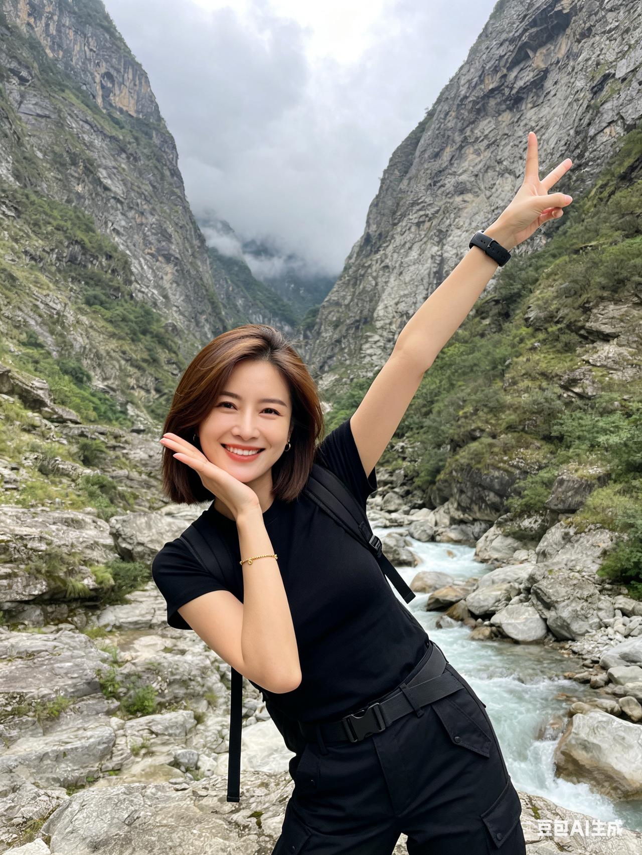 棕齐肩短发女士一身黑工装，双手比剪刀手笑容鲜活。岩壁溪流绿植环绕，山间云雾多云柔