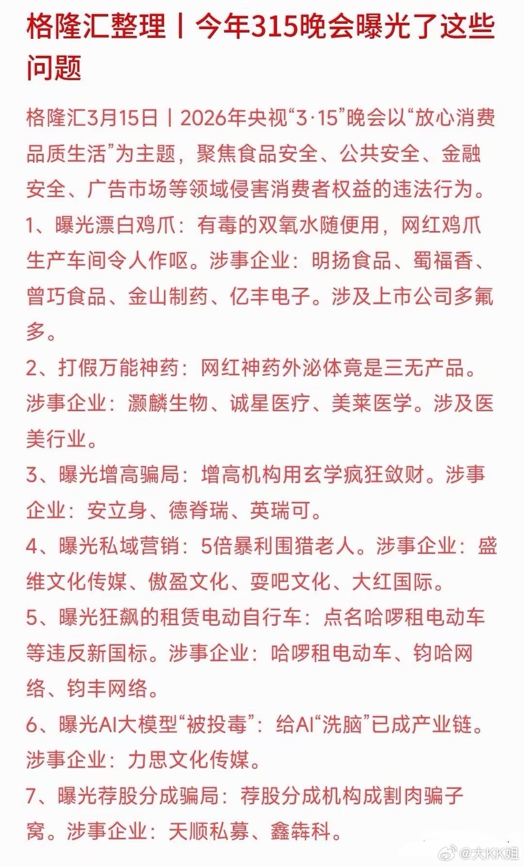 2026年315重磅落地：食品重灾区+老人成重靶，文化传媒全线承压！今年315晚