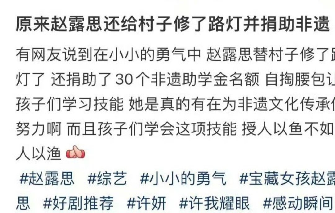 赵露思给村子修了路灯有网友说到在小小的勇气中 赵露思替村子修了路灯！还捐助了30