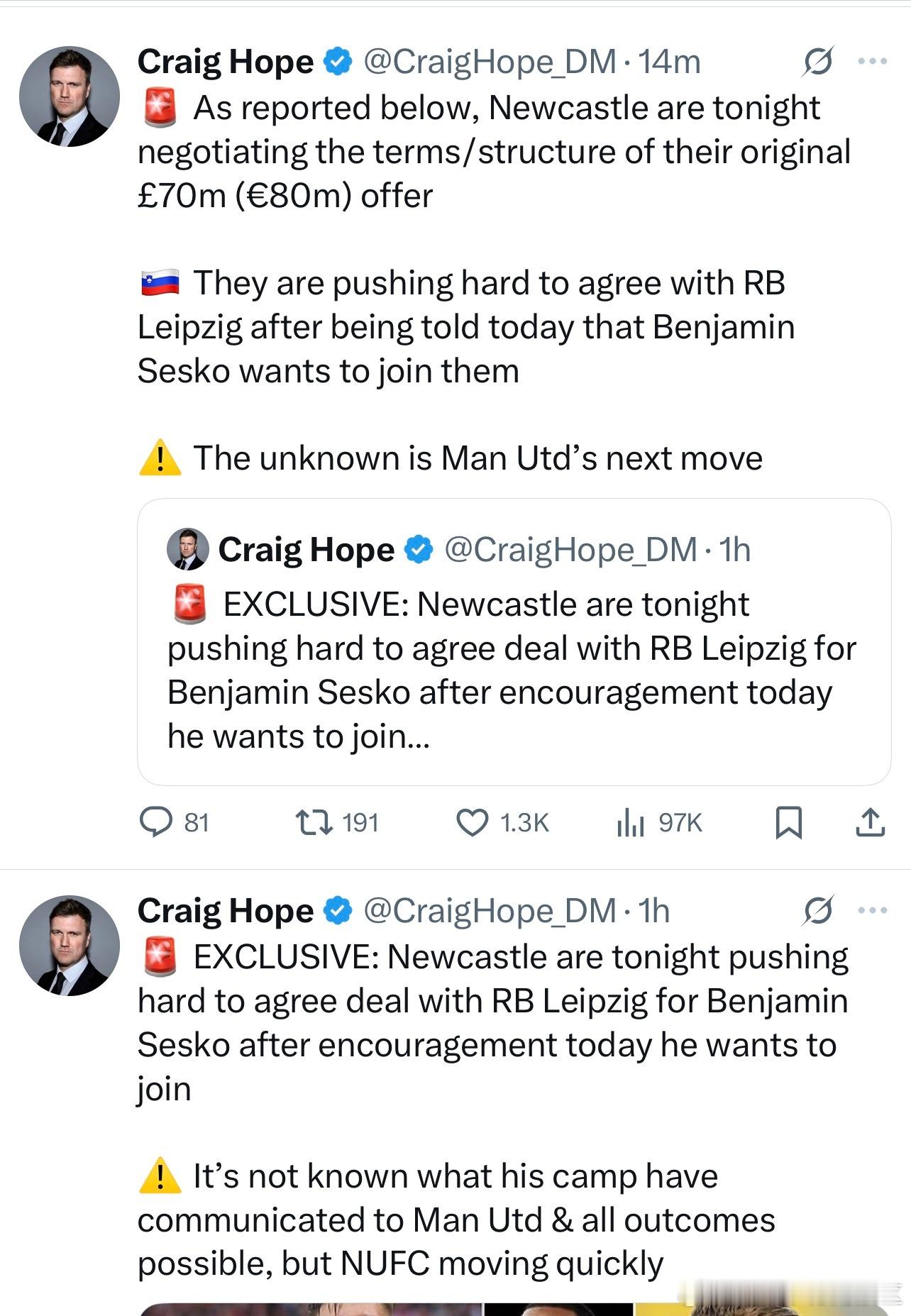 先是Craig Hope发了个独家，说纽卡今天得到了鼓励说塞斯科愿意加盟他们之后