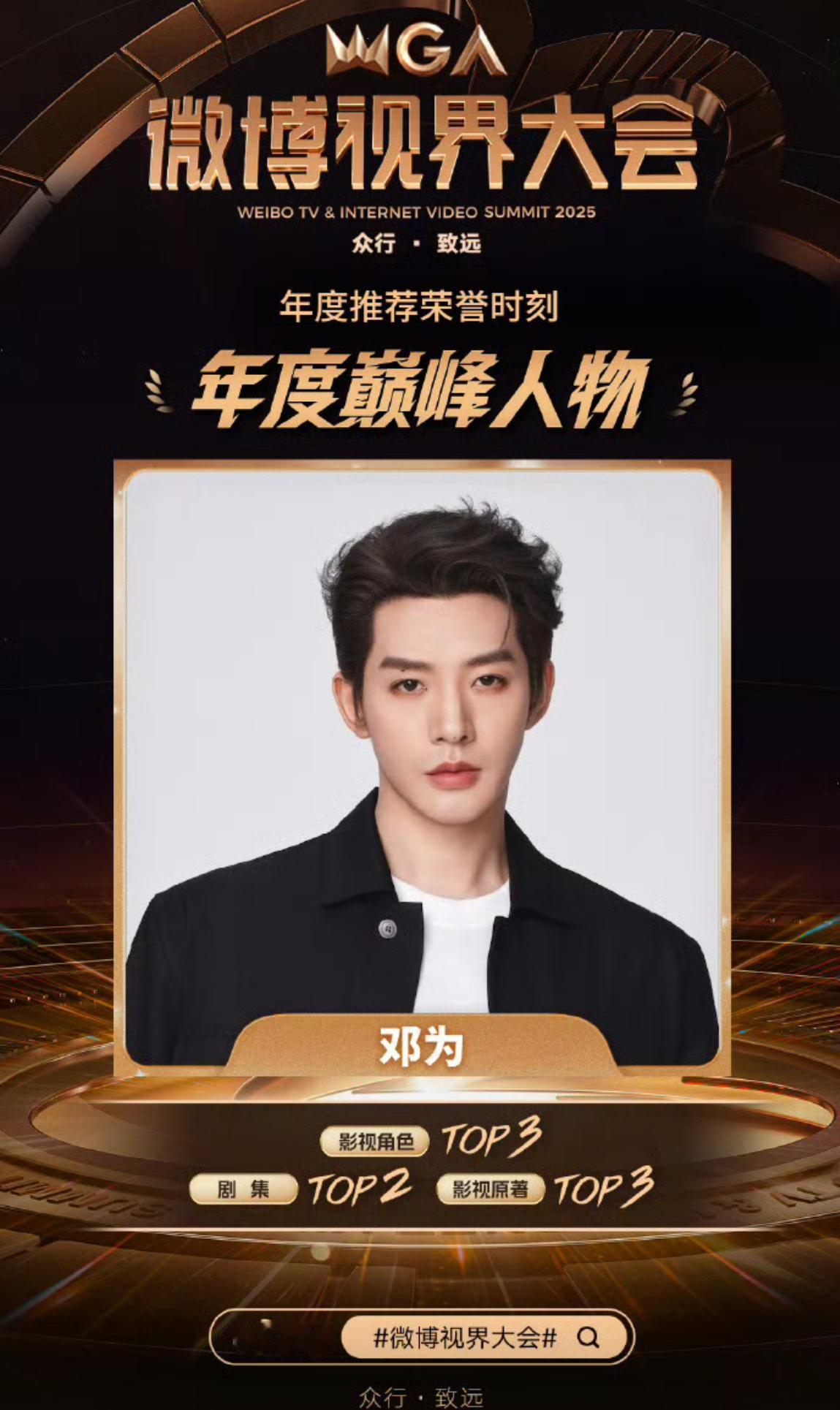 恭喜邓为获得微博视界大会年度巅峰人物！影视角色TOP3！剧集TOP2！影视原著T