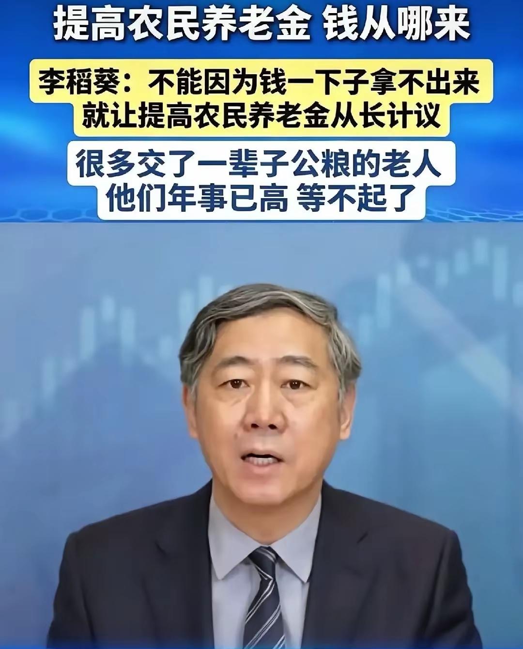 李稻葵提出，不能简单以资金紧张为由，把提高农民养老金这件事无限“从长计议”。那些